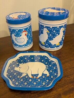 Vintage Farmhouse Animal Tins Blue & White Floral